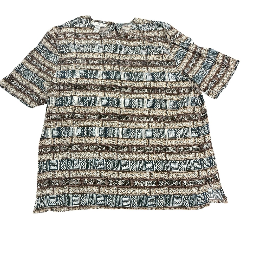 Spenser Jeremy Blouse Women L Brown Tribal Silk Short Sleeve Top Vintage Swirl